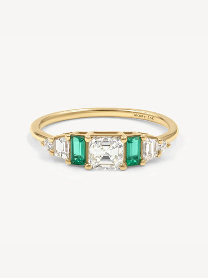 14k yellow gold Hall of Emerald Ring with Asscher-cut diamond and rectangular emeralds