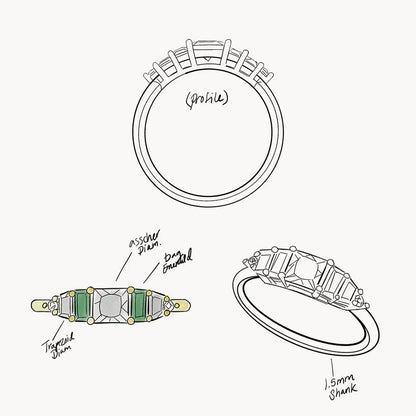 14k yellow gold Hall of Emerald Ring with Asscher-cut diamond center and rectangular natural emeralds on a 1.5mm shank
