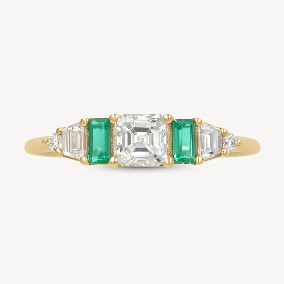 14k yellow gold ring with Asscher-cut diamond and rectangular emeralds, Hall of Emerald Ring