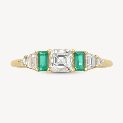14k yellow gold ring with Asscher-cut diamond and rectangular emeralds, Hall of Emerald Ring