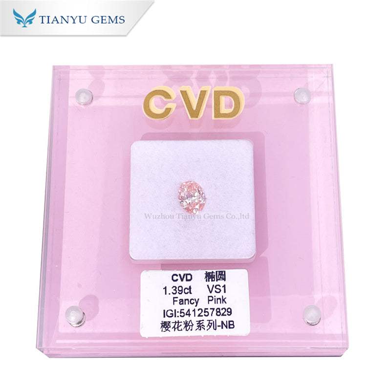 Lab grown cherry pink pear oval diamond 1.39ct VS1 fancy pink in clear pink CVD display case