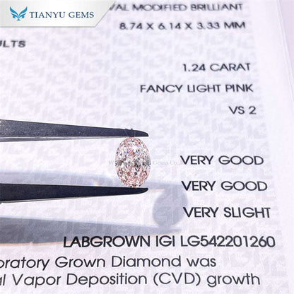 Lab grown cherry pink pear oval diamond weighing 1.24 carats with very good clarity and cut grading