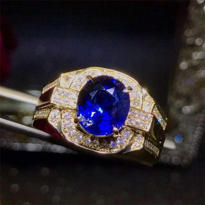 SGARIT Luxury Men's Ring 18k Gold Real Diamond 3.51ct Sri Lanka Natural Blue Sapphire Ring Jewelry - The Sparkling Squirrels & Co. 