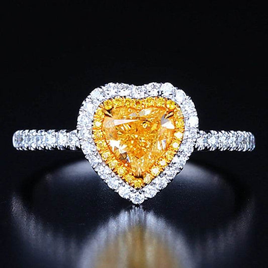 SGARIT 18k real gold heart ring with 1ct VS natural yellow diamond and white diamond halo