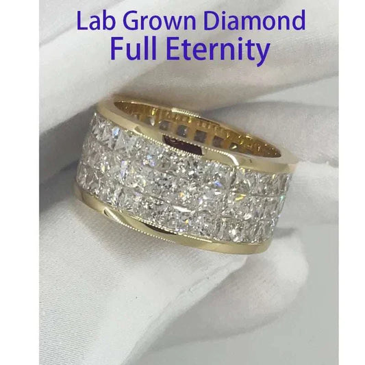 14k yellow gold full eternity ring with 9ctw princess cut CVD HPHT lab grown diamonds, DEF color, VS-VVS clarity