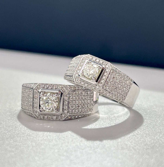 Wedding men ring with exquisite paved bling design and central sparkling diamond stone