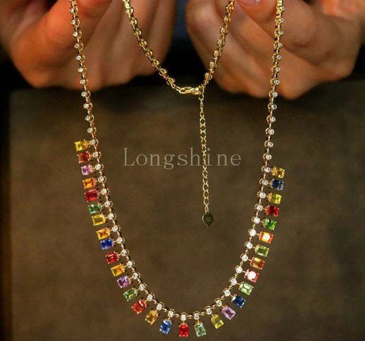 18K gold yellow color chain necklace with multicolor gemstone accents and adjustable length clasp