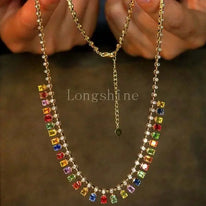 18K gold yellow color chain necklace with multicolor gemstone accents and adjustable length clasp