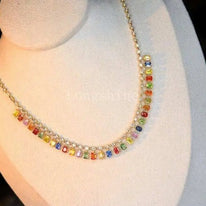 18K gold yellow color chain necklace with multicolored gemstones and adjustable length