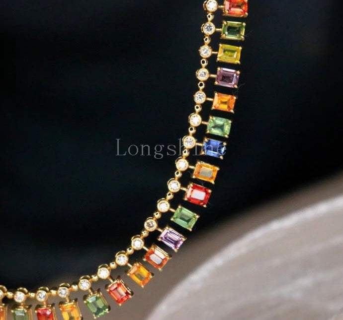 18K gold yellow color chain necklace with multicolored gemstones and small diamonds