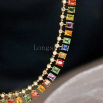 18K gold yellow color chain necklace with multicolored gemstones and small diamonds