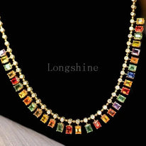 18K gold yellow color chain necklace with multicolor rectangular gemstones and small round crystals