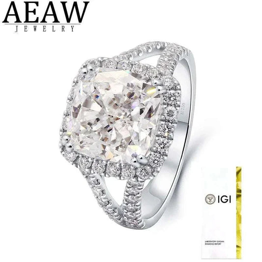 Starfire Crown of Avaloria 5-carat cushion-cut diamond solitaire ring with halo setting and split shank band