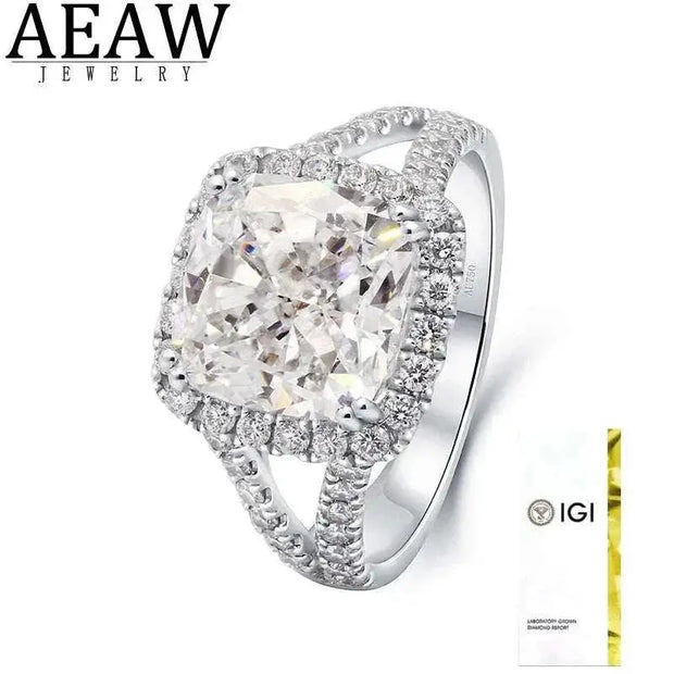 Starfire Crown of Avaloria 5-carat cushion-cut diamond solitaire ring with halo setting and split shank band