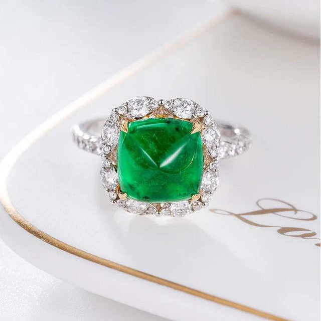 18k Gold Ring Classic Fashion Natural Emerald Diamond Gemstone Halo Wedding Engagement Ring for Women Fine Jewelry - The Sparkling Squirrels & Co. 