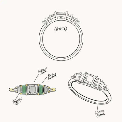 Diagram of Hall of Emerald Ring with Asscher-cut diamond and emeralds on 14k yellow gold.