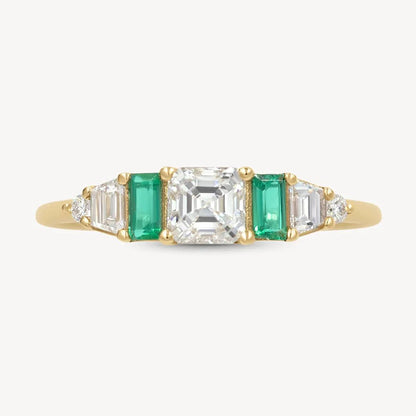 14k Yellow Gold Hall of Emerald Ring with Diamonds and Rectangular Emeralds