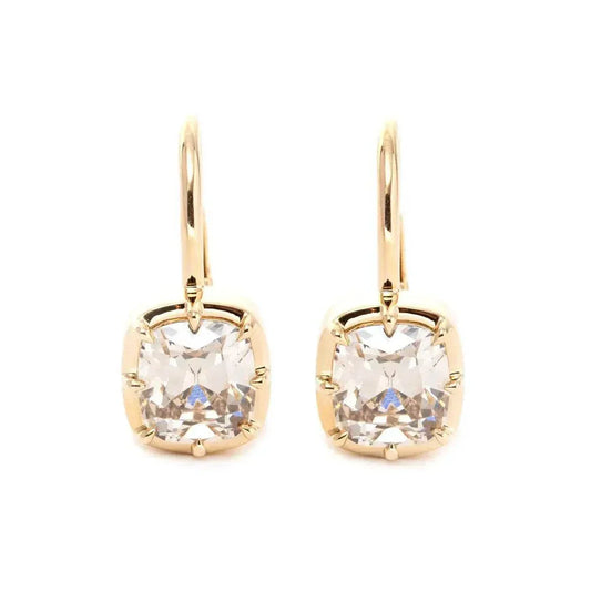 14K 18k yellow gold earrings with 3ct slender elder mine cut lab diamonds and lever backs