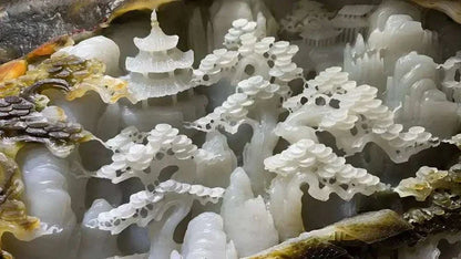 30000g exquisite Chinese nephrite jade handcarved landscape statue with intricate trees and pagoda design