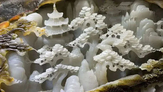 30000g exquisite Chinese nephrite jade handcarved landscape statue with intricate trees and pagoda design