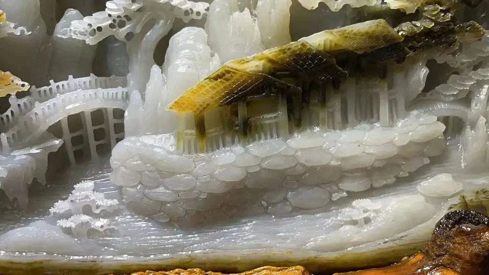 Handcarved exquisite Chinese natural nephrite jade landscape statue with intricate details and traditional architecture