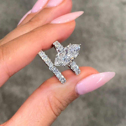 4.26Ctw Marquise Cut Diamond Celebrity Engagement Ring Bridal Set in 14K White Gold - The Sparkling Squirrels & Co. 