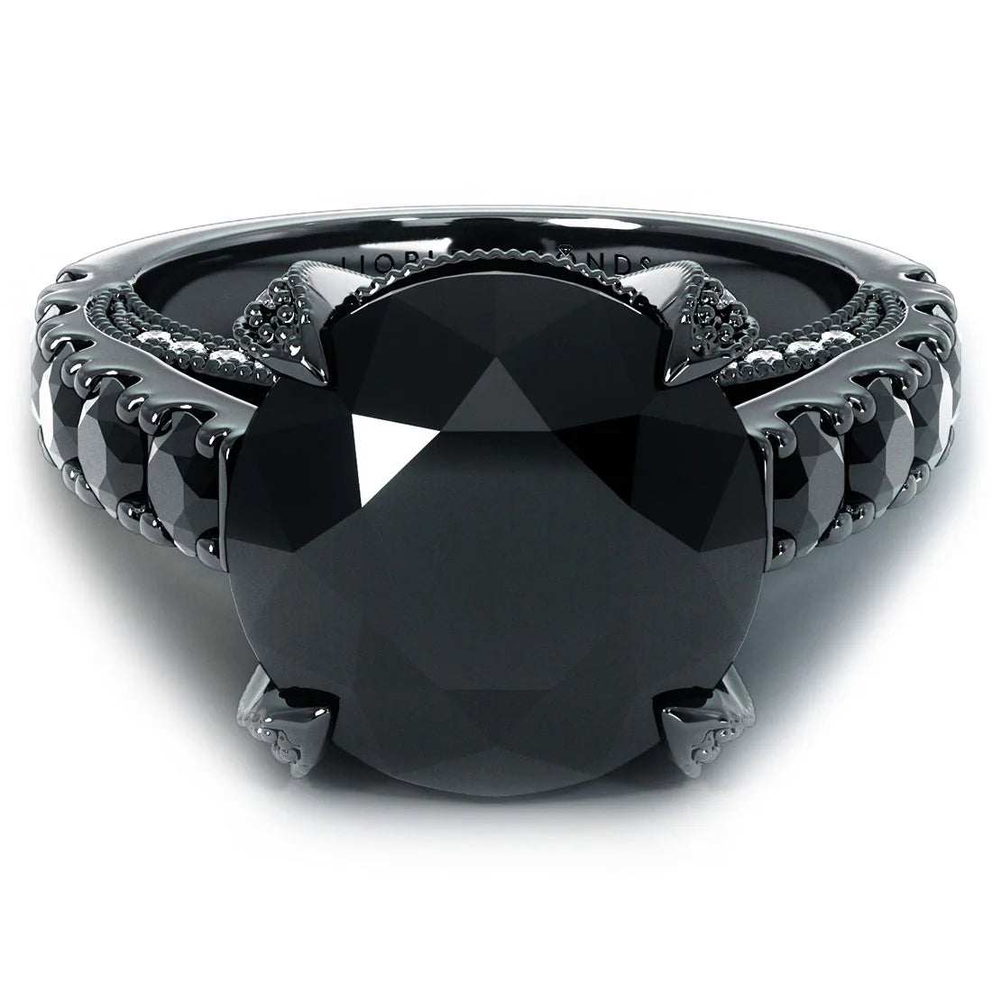 7.05 carat certified natural black diamond engagement ring in 14K black gold with side black diamonds and white micro pave diamonds