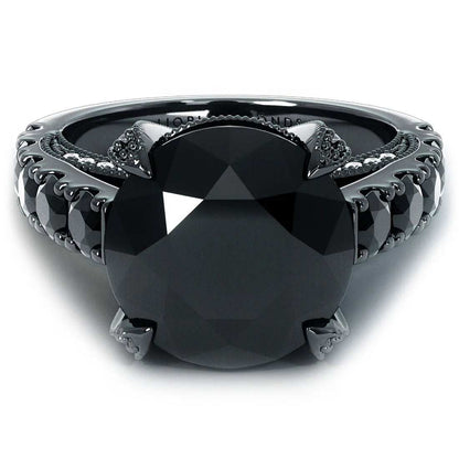 7.05 carat certified natural black diamond engagement ring in 14K black gold with side black diamonds and white micro pave diamonds