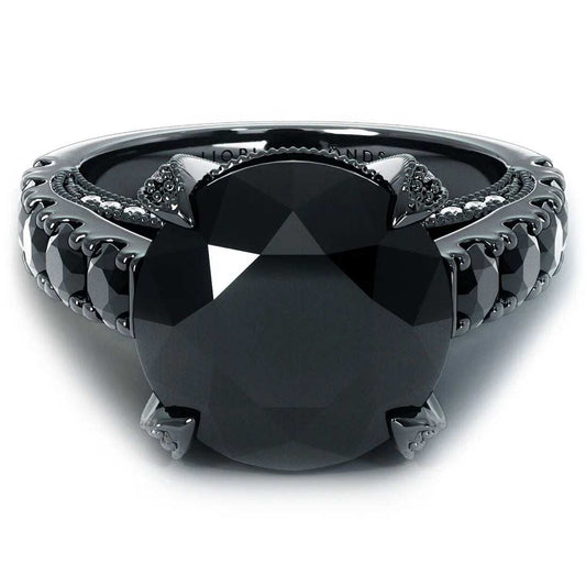 7.05 carat certified natural black diamond engagement ring in 14K black gold with side black diamonds and white micro pave diamonds
