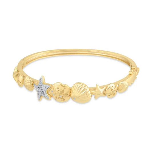 14kt yellow gold Diamond Shell Bangle with seashell and starfish designs accented by white gold and diamonds