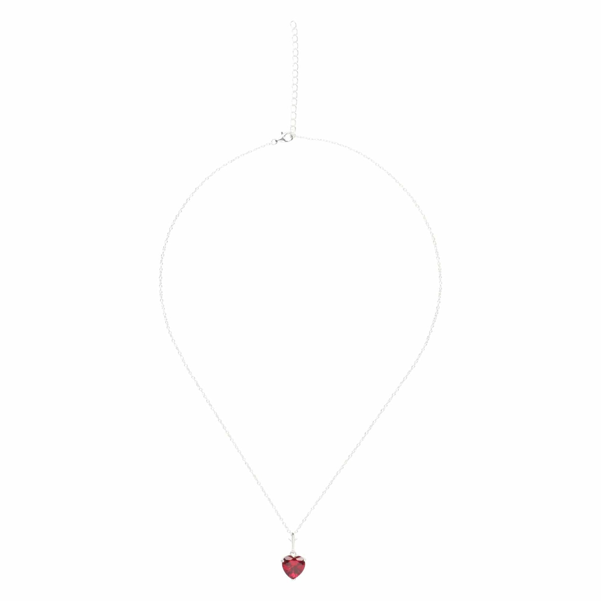 Silver necklace with a radiant red heart-shaped ruby pendant called Ruby Heart of the Enchantress