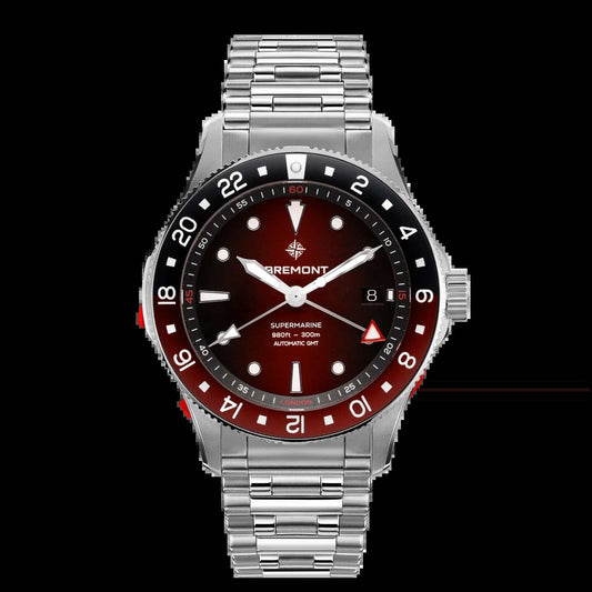 Volcanor's Timeforge 300m water-resistant GMT watch with ember red gradient dial and 904L steel bracelet