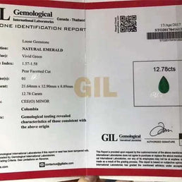 Natural 12.78ct vivid green pear-cut emerald with 18K gold setting Heart of the Enchanted Forest™ pendant necklace certification from GIL Gemological Laboratories