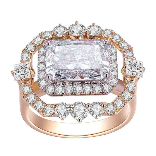 Messi Jewelry 14k solid gold women’s ring with 3.12ct radiant cut lab diamond and surrounding smaller diamonds.