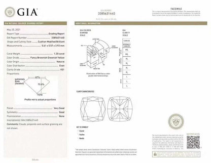 SGARIT Generous Jewelry 18k Gold GIA VS1 Cushion Cut 1.2ct Natural Fancy Brownish Greenish Yellow Diamond Ring - The Sparkling Squirrels & Co. 