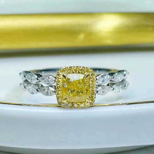 SGRIT Fine Jewelry 18k white gold ring with 1.008CT natural yellow cushion cut diamond and side white diamonds