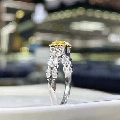 SGRIT Fine Jewelry 18k White Gold 1.008CT Natural Yellow Diamond Ring Cushion Cut Diamond Wedding Ring - The Sparkling Squirrels & Co. 