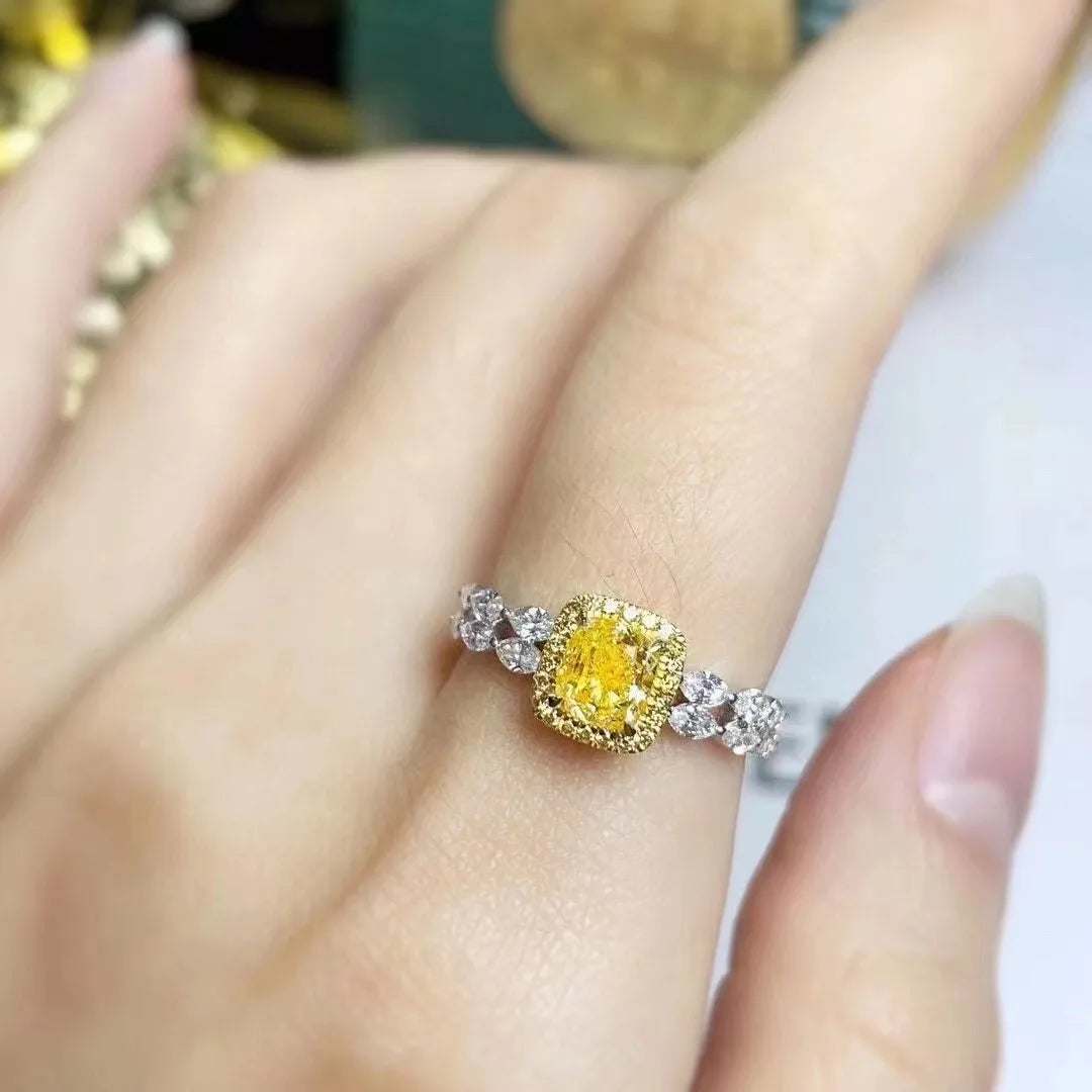 SGRIT Fine Jewelry 18k White Gold 1.008CT Natural Yellow Diamond Ring Cushion Cut Diamond Wedding Ring - The Sparkling Squirrels & Co. 
