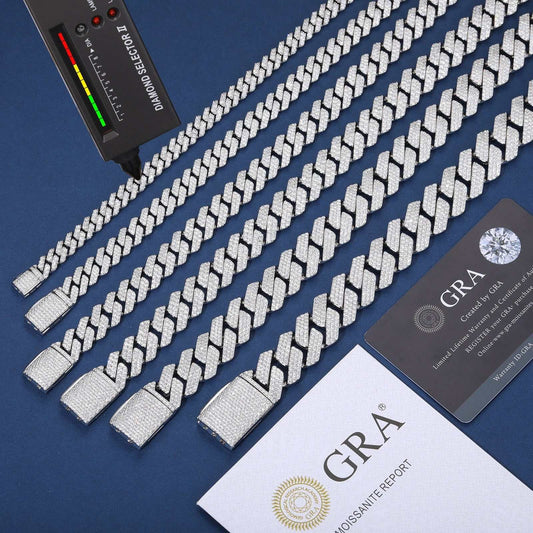 925 sterling silver VVS moissanite Cuban link chain necklace set with iced stones on blue background with authenticity cards