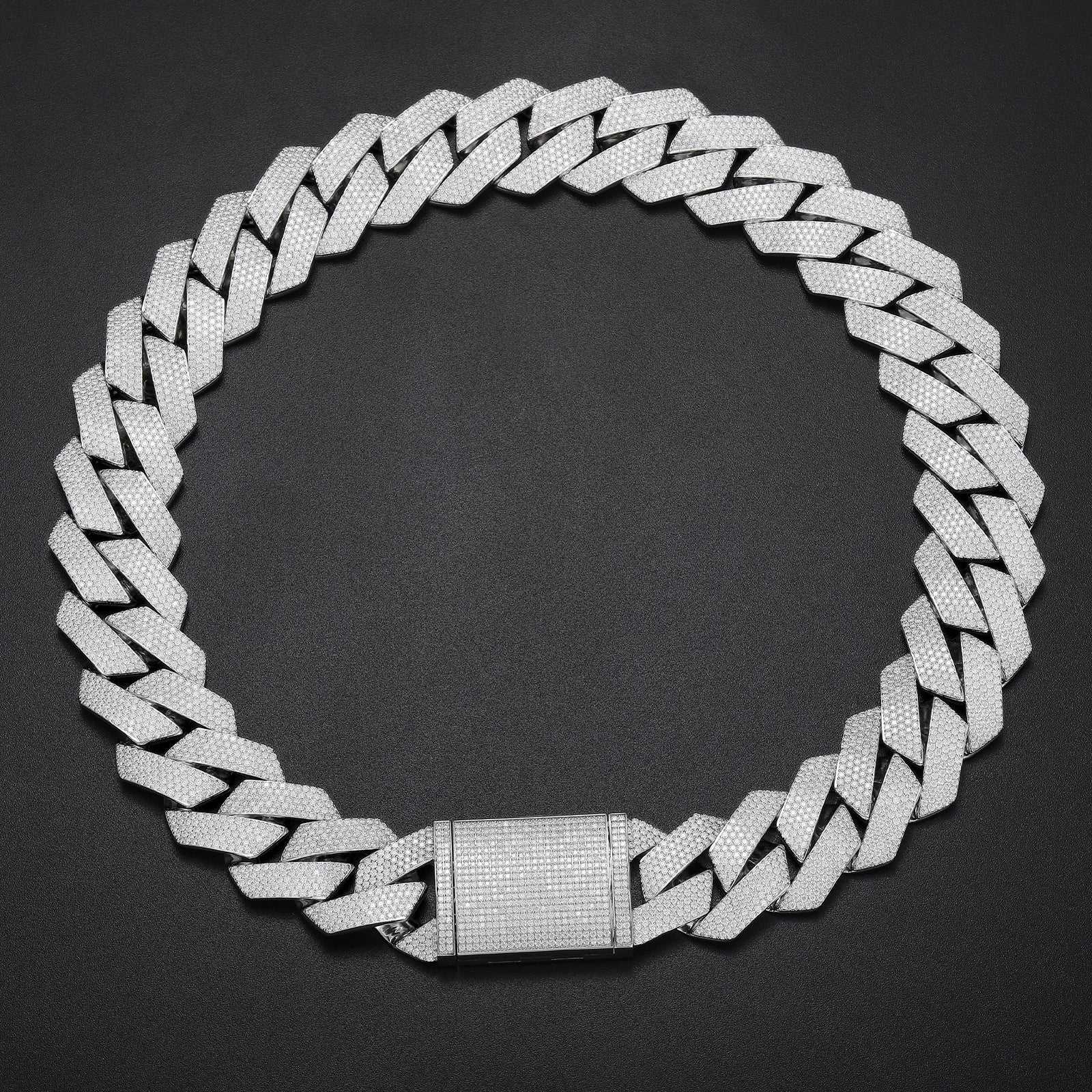 925 sterling silver Cuban link chain necklace with VVS moissanite stones, hip hop iced design.