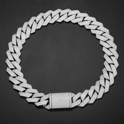 925 sterling silver Cuban link chain necklace with VVS moissanite stones, hip hop iced design.