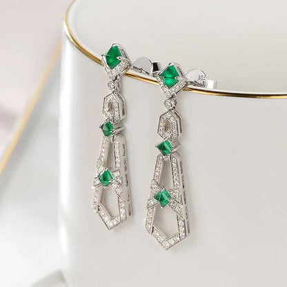Natural emerald gemstone and white diamond luxury drop earrings in real 18k gold for women