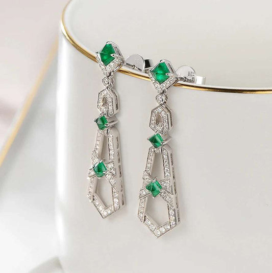 Natural emerald gemstone and white diamond luxury drop earrings in real 18k gold for women