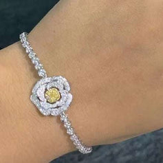 Valentine Love Serial Rose Jewelry Set featuring a diamond rose bracelet with yellow center stone on a delicate diamond chain.