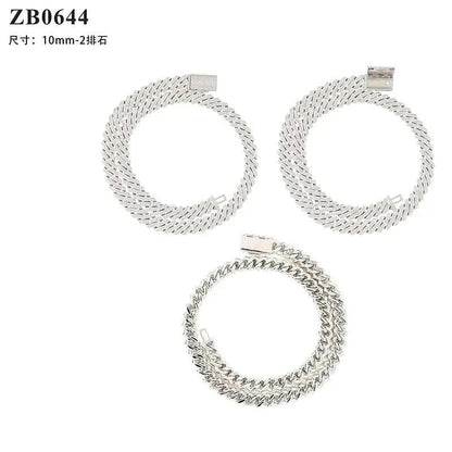 Silver 10mm Cuban link bracelet and necklace set with rhombus design and zircon inlay, Diamond Hair Cross-Border style