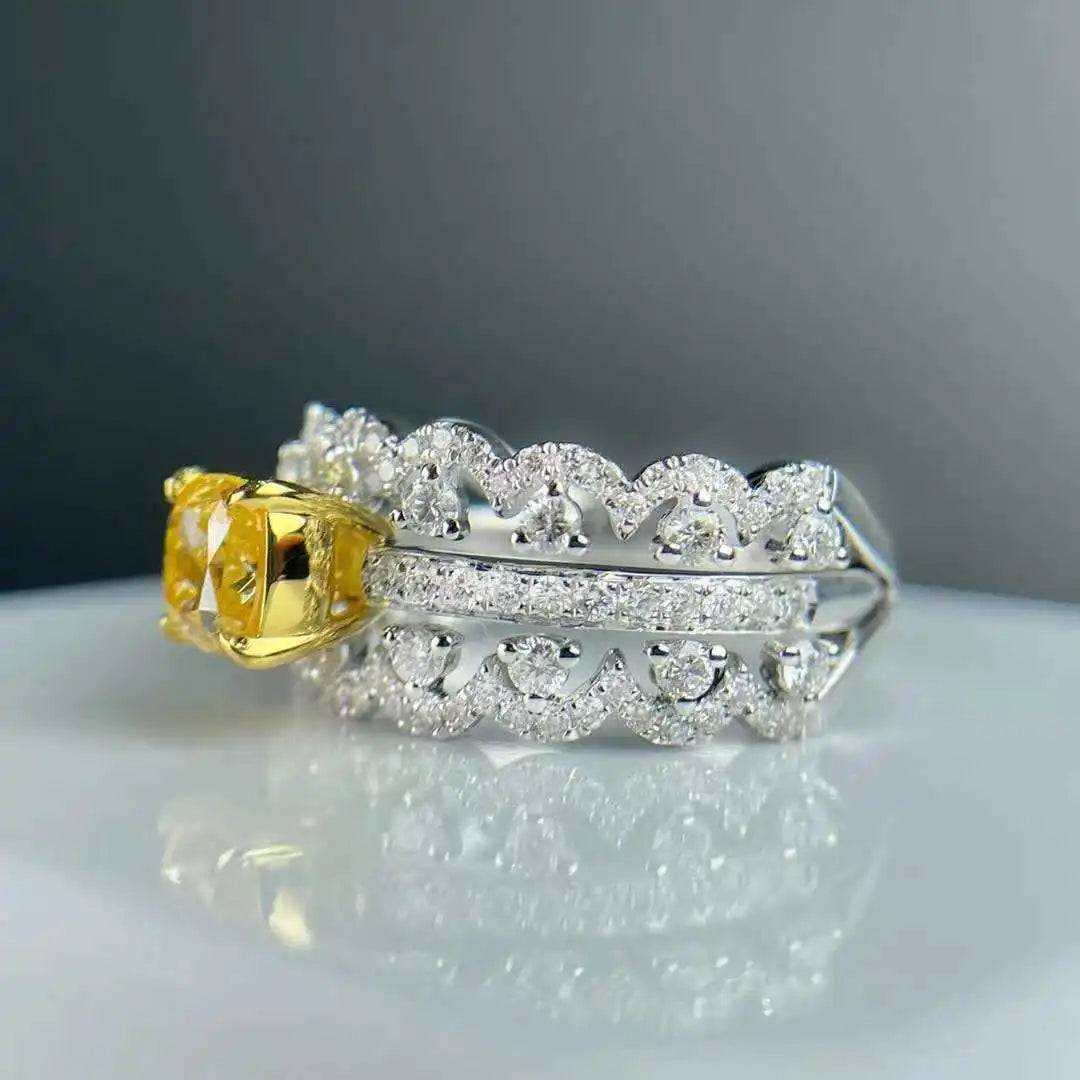 SGARIT Fine Jewelry 18k Yellow Gold 1.005CT Fancy Yellow Natural Diamond Ring Cushion Cut Diamond for Women Wedding Ring - The Sparkling Squirrels & Co. 