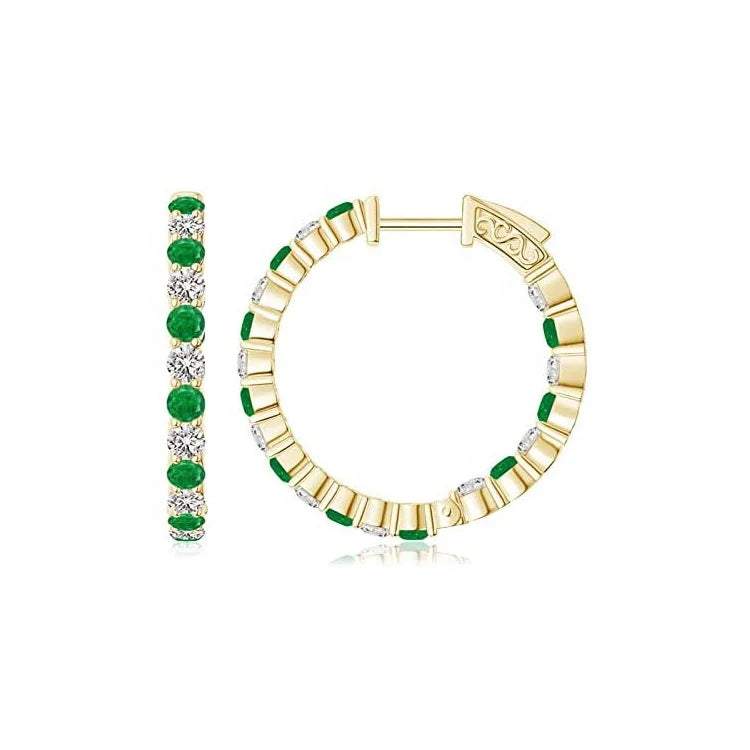 Mixed Diamond Inside Out 14k gold hoop earrings with alternating green gemstones and diamonds