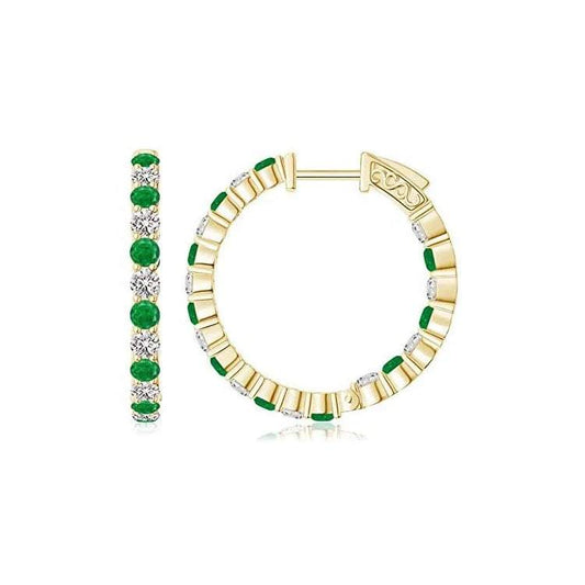 Mixed Diamond Inside Out 14k gold hoop earrings with alternating green gemstones and diamonds