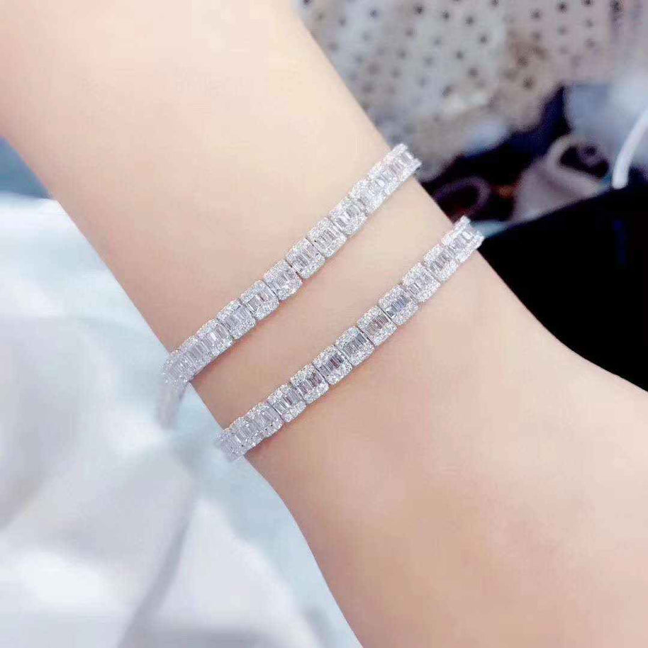 Natural Diamond Iced Out tennis bracelet in 18K solid gold with sparkling diamonds on wrist