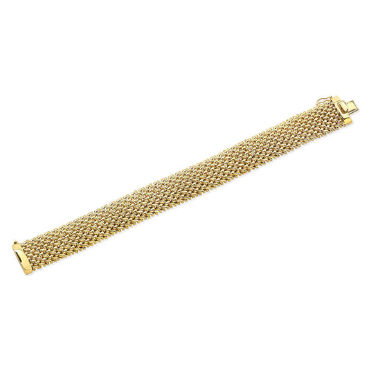18Ct yellow gold woven mesh bracelet with high polish finish and box clasp